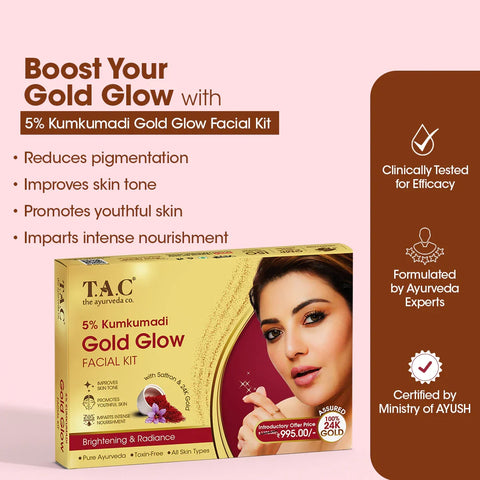 Facial Kit- T.A.C. Ayurveda's 5% Kumkumadi Gold Glow Facial Kit with Saffron & 24K Gold for Instant Brightening and Radiance- (Set of 4 small Kits of 43gm in 1 Big pack)